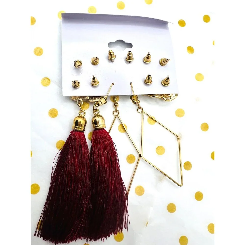 Set Of 6 Geometric & Tassel Fashion Earrings In Gold & Red Fashion Jewelry - Picture 2 of 2